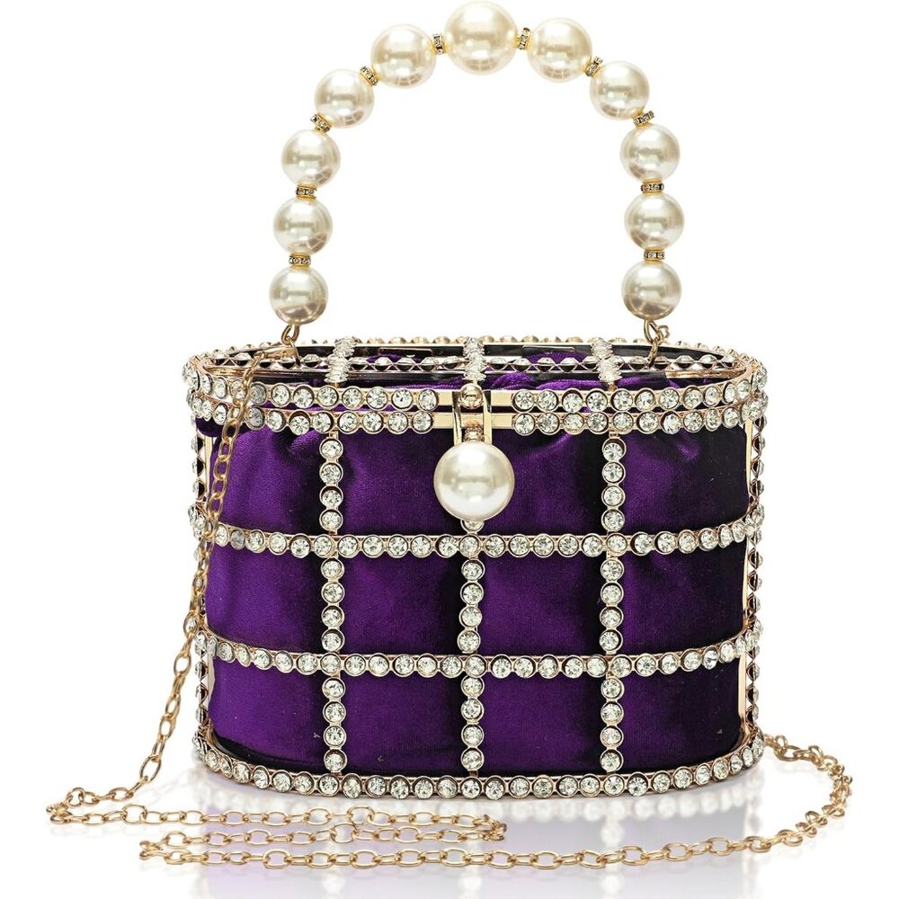 ⚡Women's Purple Detachable Pearl Diamond Chain Soft Velvet Shoulder Clutch Bag